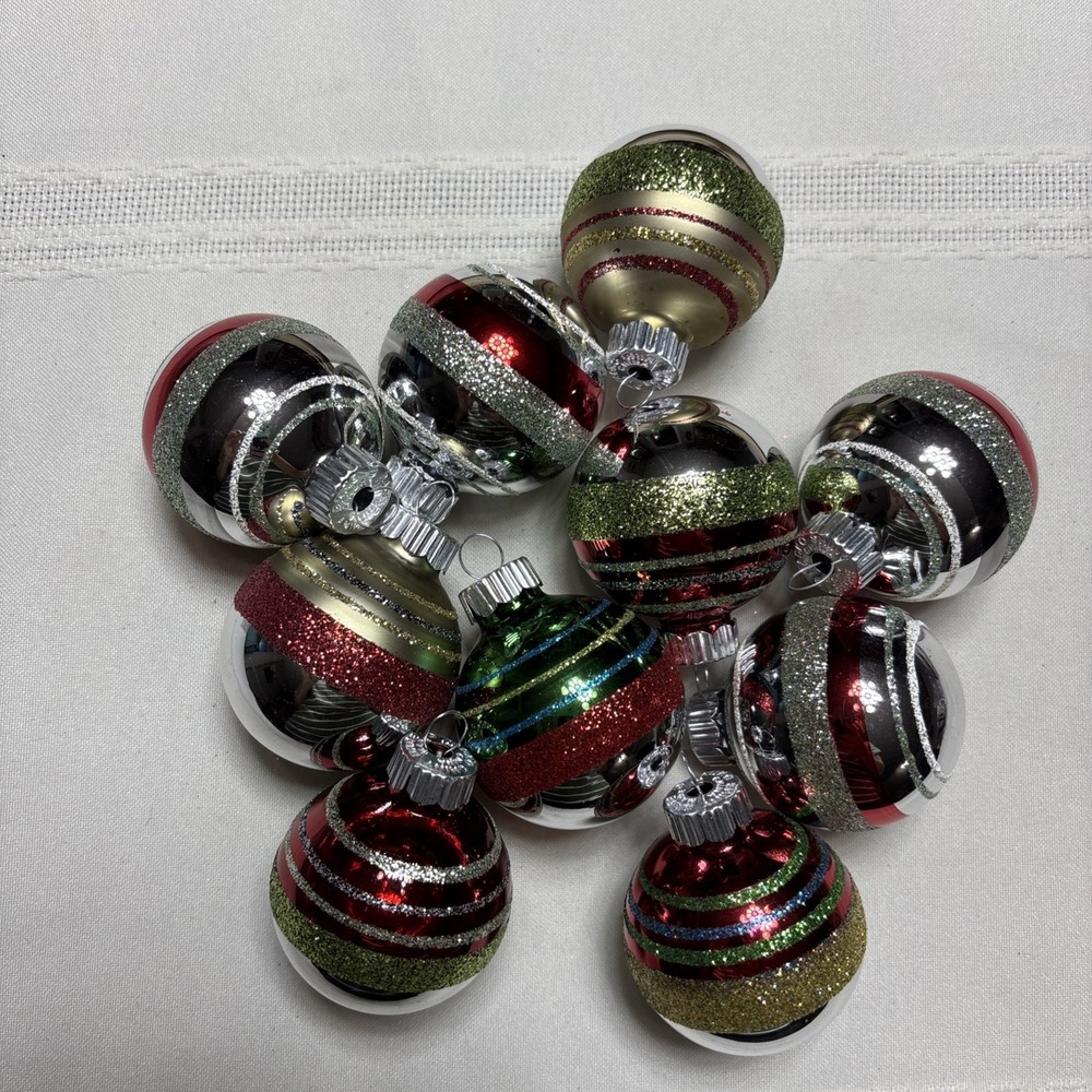 Vtg Shiny Brite Christmas Ornament Stripe Mica Glass Ball Lot Of 10